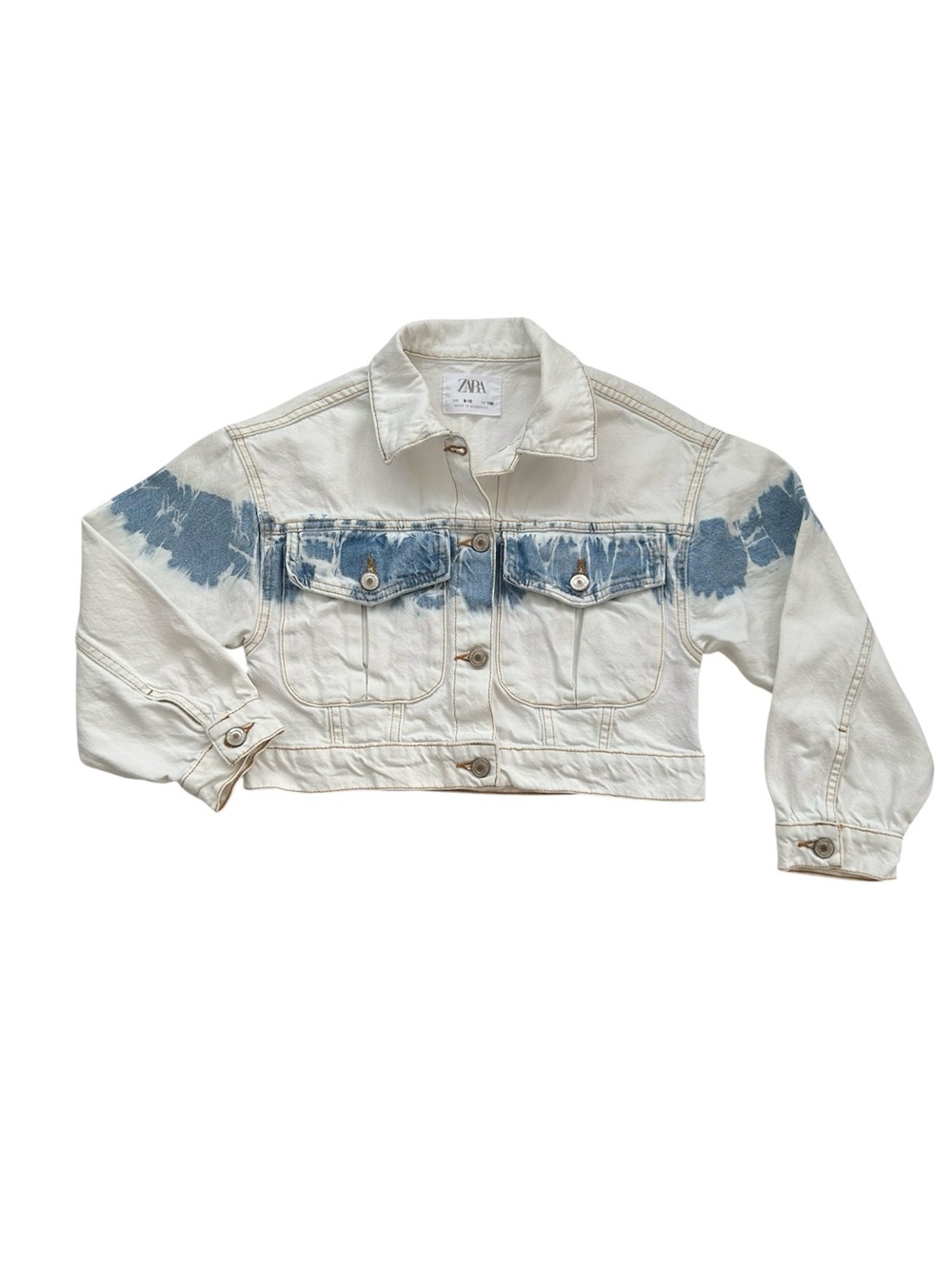 Zara Denim White Distressed TieDye Blue Cropped Jean Jacket Buttons Pockets 9-10